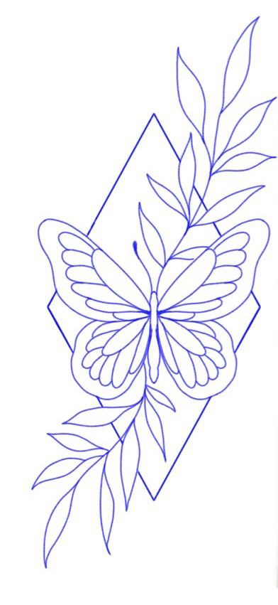 a drawing of a butterfly with leaves on it