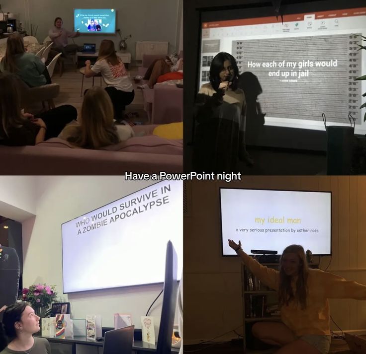 people are sitting and standing in front of a projector screen