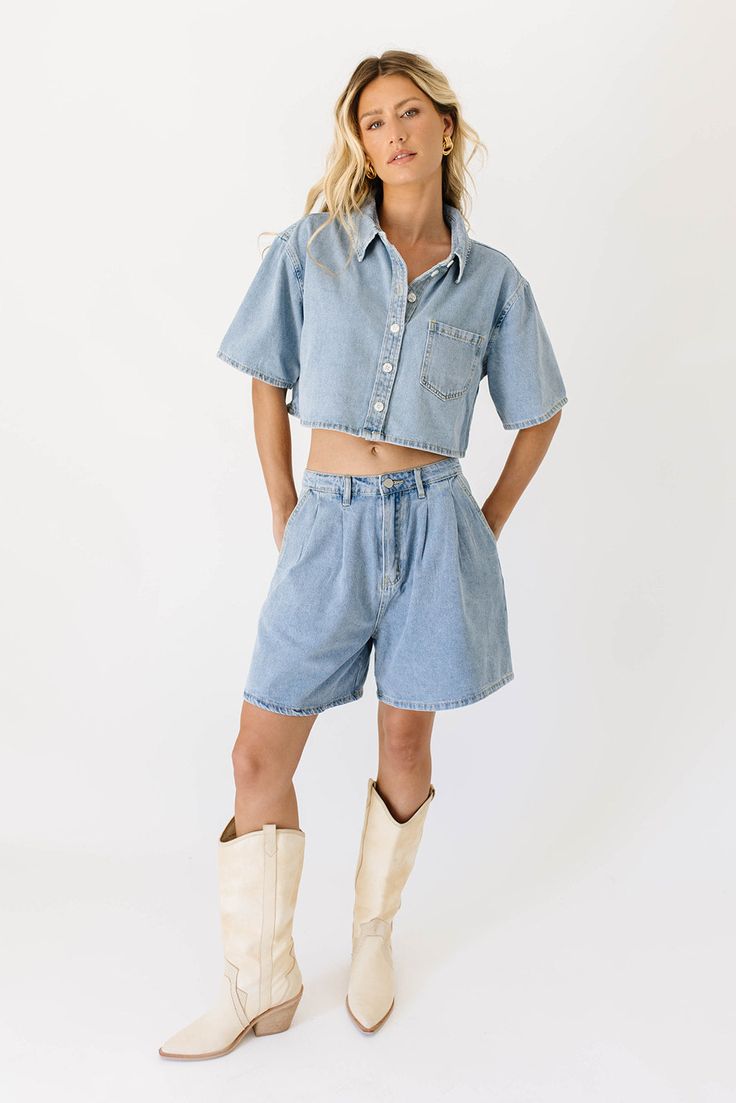 the perfect summer outfit exists, + it’s this iconic denim-on-denim moment. comprised of a boxy short sleeve denim top + matching pleated denim shorts, this casual two-piece set serves some serious 90s nostalgia. whether worn together or separately, it’s a set you can count on to slay the day. light denim // collared, buttons, cropped, front breast pocket, high waisted, one button fly zip, belt loops, pockets, pleat detailing model is 5'8" + wearing a small measurements are approximate + taken w Short Sleeve Denim, Slay The Day, Denim Set, Pleated Denim, Perfect Summer Outfit, 90s Nostalgia, Matching Top, Light Denim, Denim Top