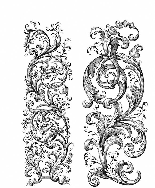 two ornate scroll designs on white paper