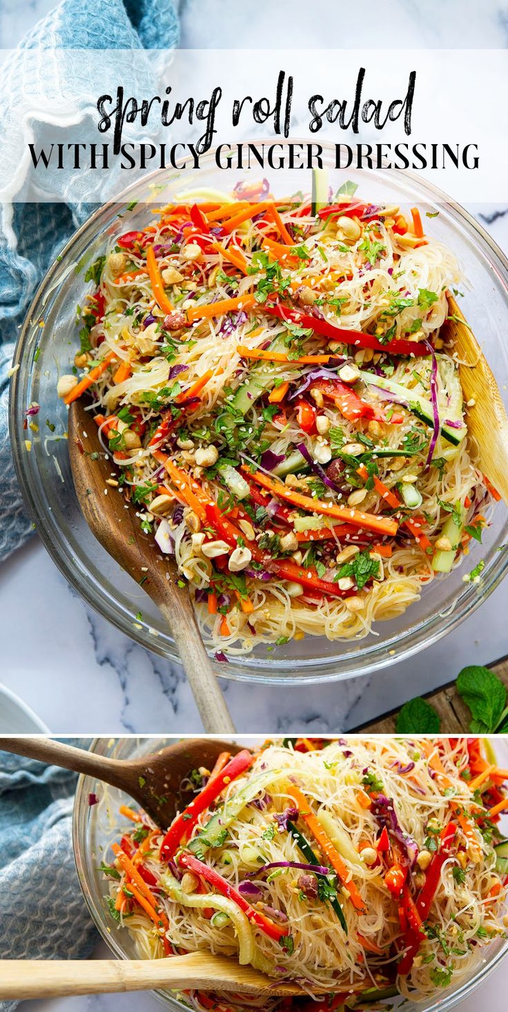 two images show the process of making stir fry salad with spicy ginger dressing and vegetables