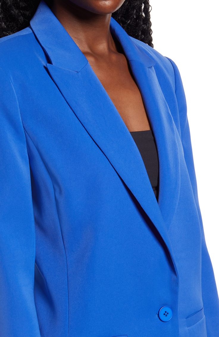 Complete your look with a tailored touch when you add this single-button jacket cut in a classic style to a slightly longer length. Style Name:Endless Rose Tailored Single Button Blazer. Style Number: 5841075. Chic Blue Suit With Hidden Button Closure, Blue Single-button Blazer For Work, Blue Notch Lapel Blazer For Work, Blue Single Button Blazer For Workwear, Elegant Royal Blue Blazer With Notch Lapel, Blue Office Blazer With Pressed Crease, Royal Blue Single-breasted Blazer With Notch Lapel, Royal Blue Single Breasted Blazer With Notched Lapel, Blue Single Button Blazer