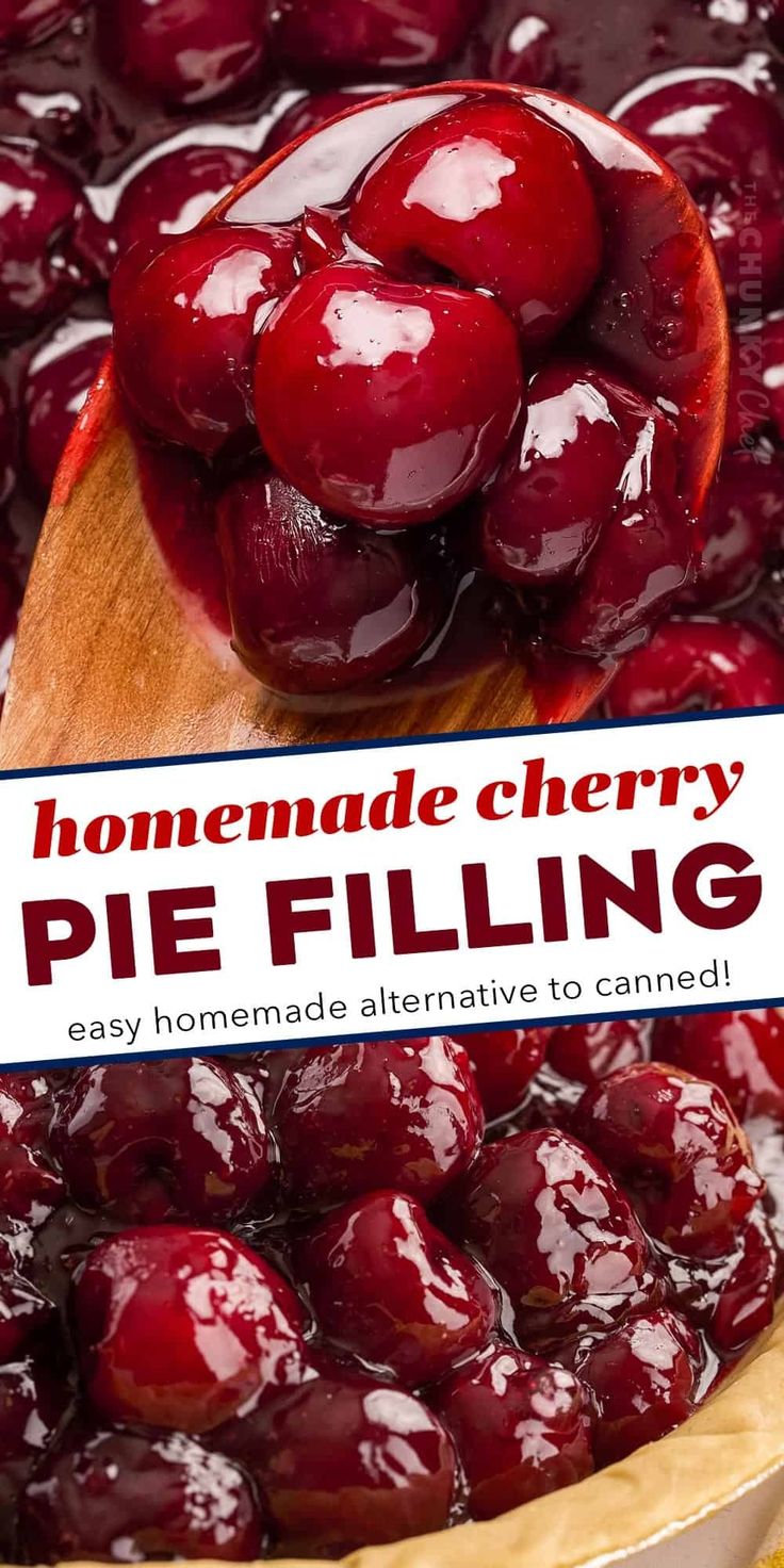 homemade cherry pie filling in a pie pan with text overlay reading homemade cherry pie filling