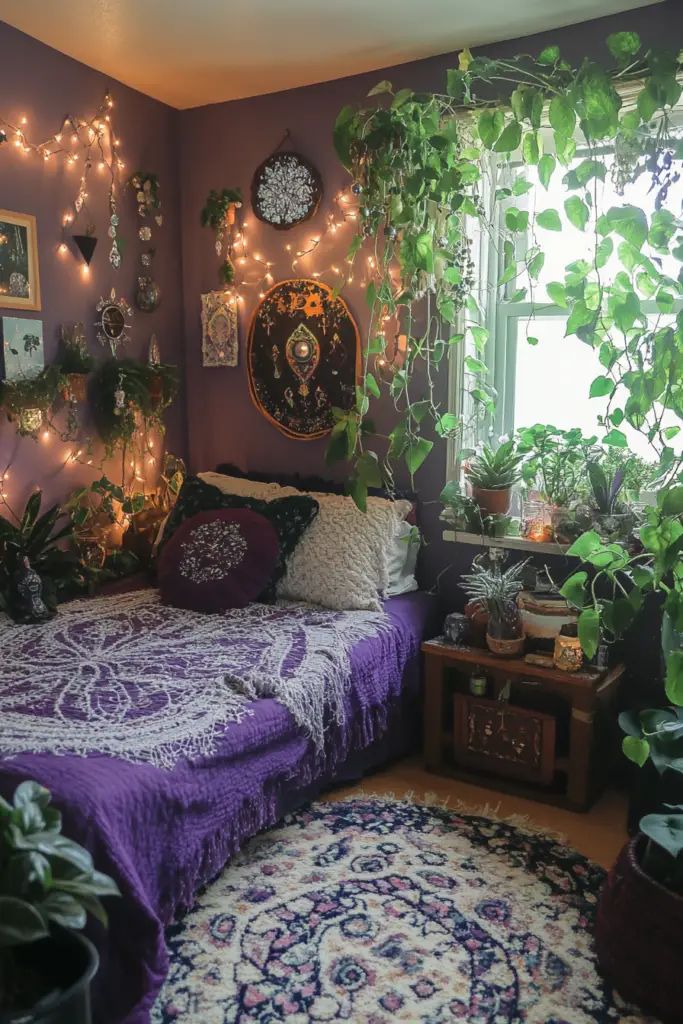 a bedroom with plants and lights on the wall