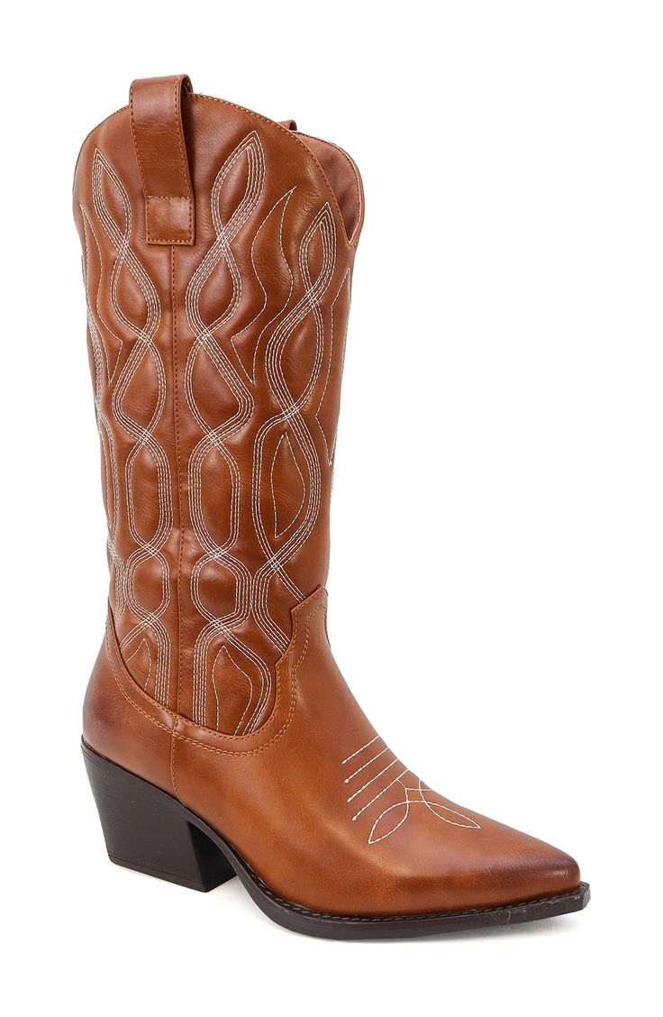 Add country flair to your ensemble in a Western-inspired boot with stitched patterns, pull tabs and a pointed toe. 3 1/2" heel Pull-on style Synthetic upper/textile lining/synthetic sole Imported Fall Rodeo Brown Mid-calf Boots, Western Brown Mid-calf Heeled Boots, Brown Western Mid-calf Heeled Boots, Brown Mid-calf Western Heeled Boots, Retro Brown Pointed Toe Boots, Retro Snip Toe Boots For Fall, Brown Pointed Toe Heeled Boots For Rodeo, Brown Heeled Boots For Rodeo In Spring, Brown Heeled Boots For Rodeo Spring Season