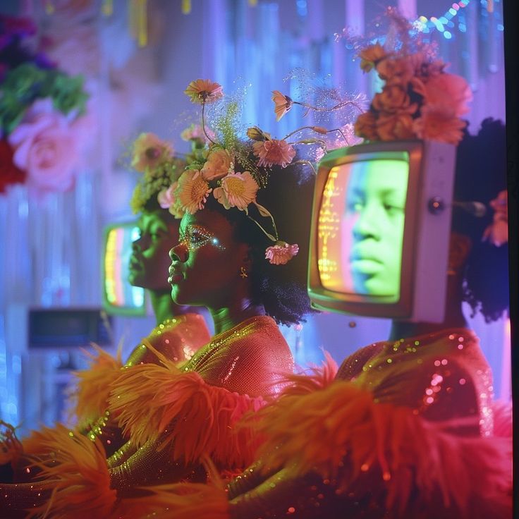 a woman with flowers on her head and an old tv in front of her