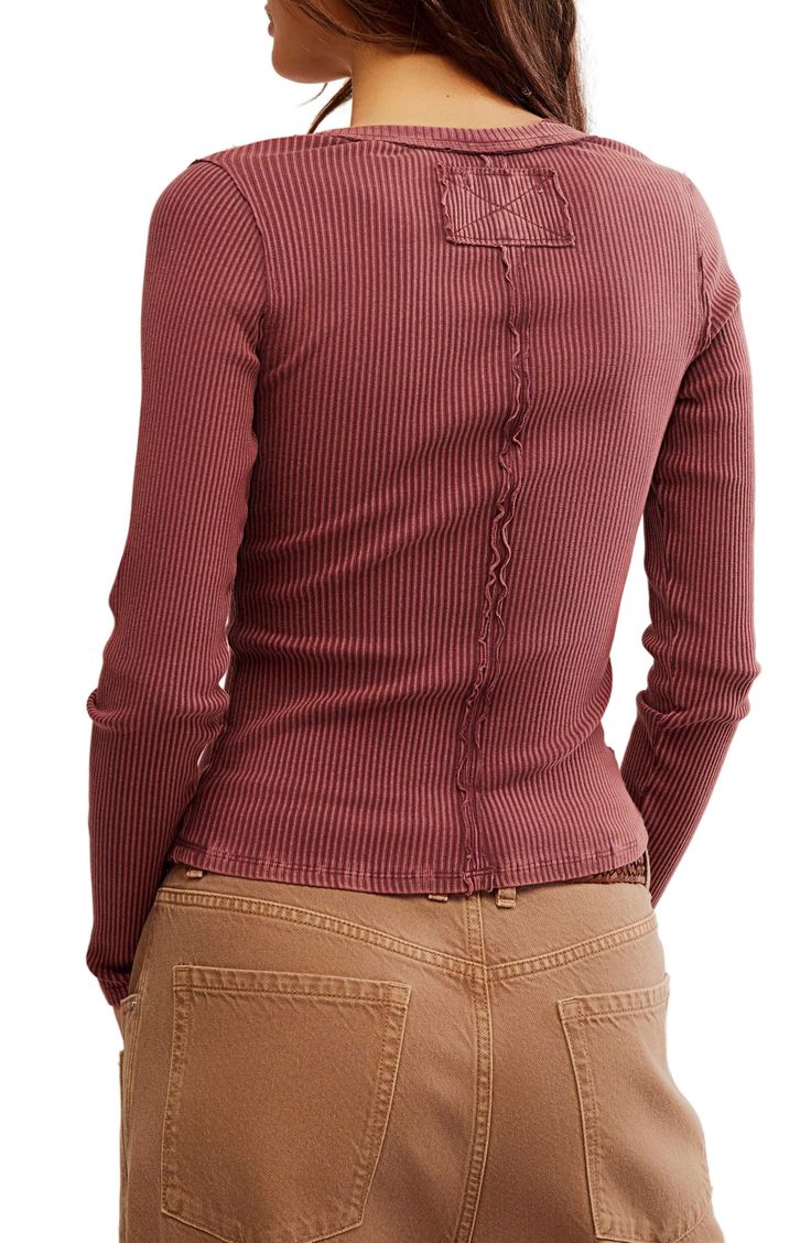 Ribbed knit with a washed-down finish takes a surprisingly alluring turn in this shirt with a skinny, figure-skimming fit. 20 1/2" length (size Medium) Front button closure Crewneck Long sleeves 97% cotton, 3% spandex Machine wash, tumble dry Imported Free People Cardigan, Wild Ginger, Red Throw, Scoop Neckline, Ribbed Knit, Ginger, Button Up Shirts, Button Up, Free People