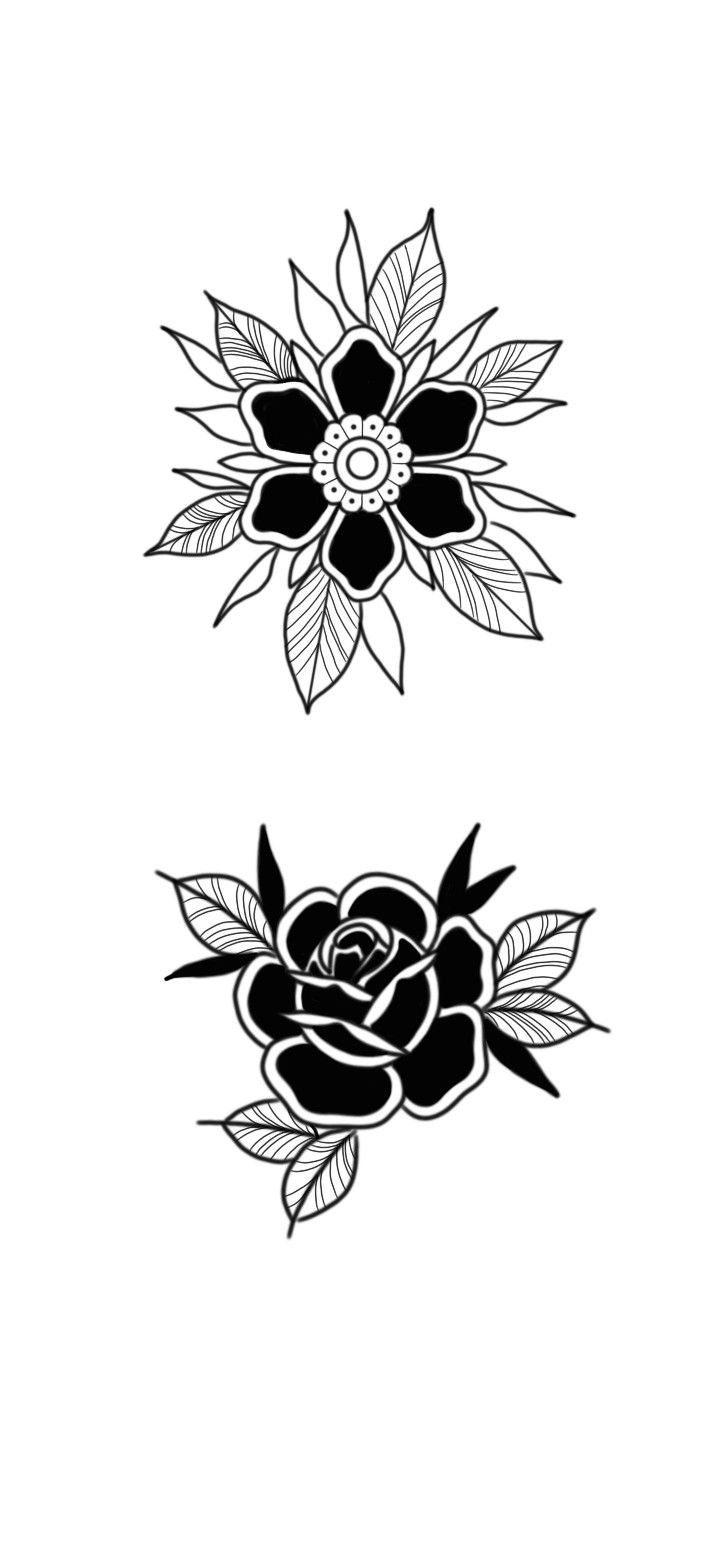 two black and white roses with leaves on the top one is drawn in pencil, the other