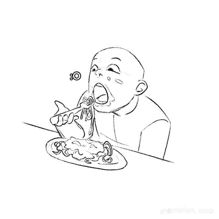 a drawing of a boy eating pizza with his mouth open