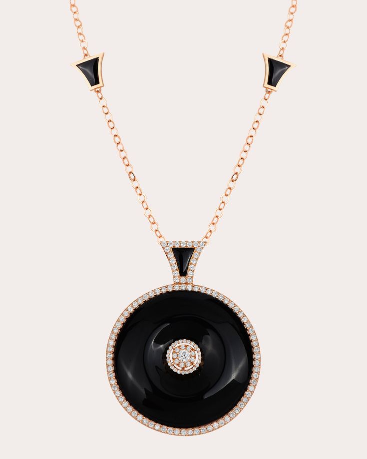 Architectural in inspiration, this 18-karat rose gold necklace features a genuine black onyx stone cut into a domed shape and transformed into a circular pendant. Round-cut diamonds decorate the center and trim the edges for added shimmer. From Terzihan's Dome Collection, influenced by southern European cities' cathedrals. 18k rose gold, black onyx and diamond Diamond carat: 2.2 ctw Diamond color: F Diamond clarity: VS Polish with soft cloth Made in Turkey Measurements Chain length: 29.52in Pend European Cities, Black Onyx Stone, Diamond Carat, Onyx Stone, Stone Cuts, Diamond Color, Rose Gold Necklace, Diamond Clarity, Round Cut Diamond