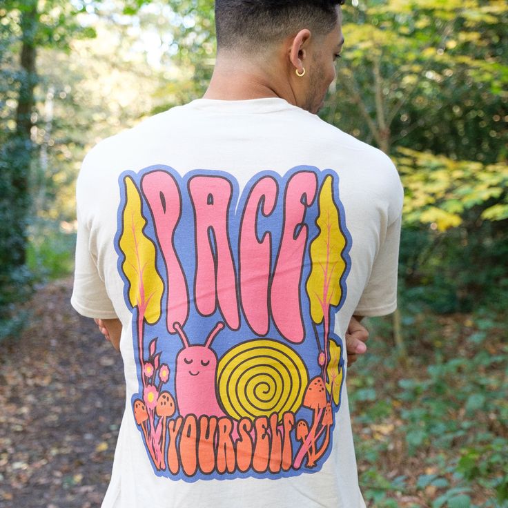 "Short sleeve men's t-shirt with \"Pace Yourself\" slogan and 70s psychedelic snail graphic. Small print on front, large back print. Slow and steady wins the race in this motivational slogan tee. Treat yourself or send to best friends and family as a fun gift. All Batch1 products are lovingly designed, printed and packed by hand in the UK at Batch1 HQ. Our garments are made to order to minimise wastage and printed using water-based, eco-friendly inks. We are committed to creating on-trend, envir Pace Yourself, Womens Christmas Jumper, Slogan Tees, Motivational Slogans, Slow And Steady, Wedding Mementos, Slogan T Shirt, Slogan Tee, Vintage Horror