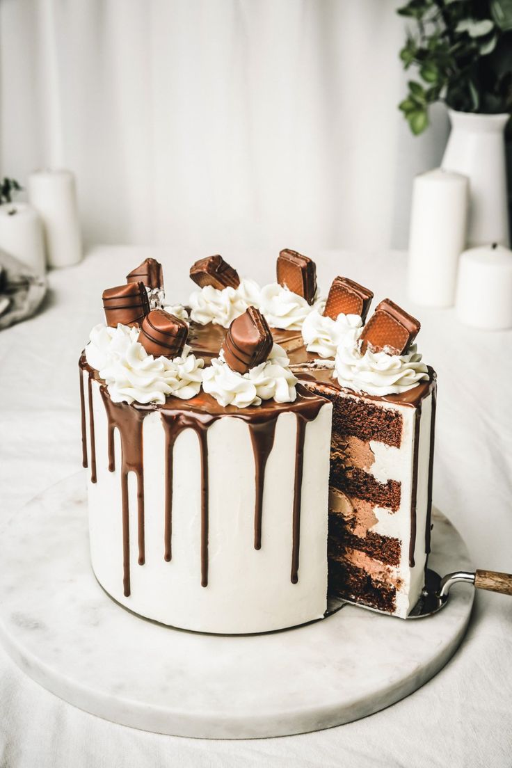 a chocolate cake with white frosting and drizzled chocolate on top is sitting on a plate