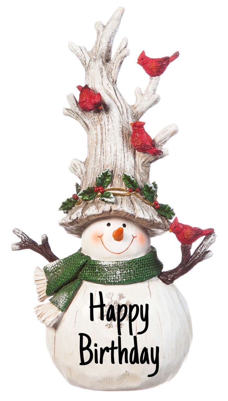 a happy birthday snowman ornament with red birds on it's head