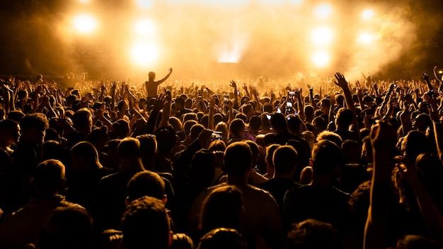 a large group of people at a concert with their hands in the air and lights on