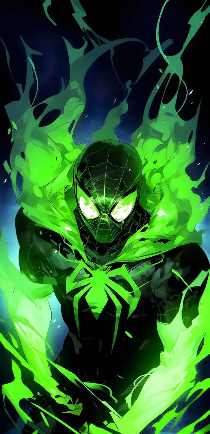 a green spider man with glowing eyes and black suit, standing in front of a blue background