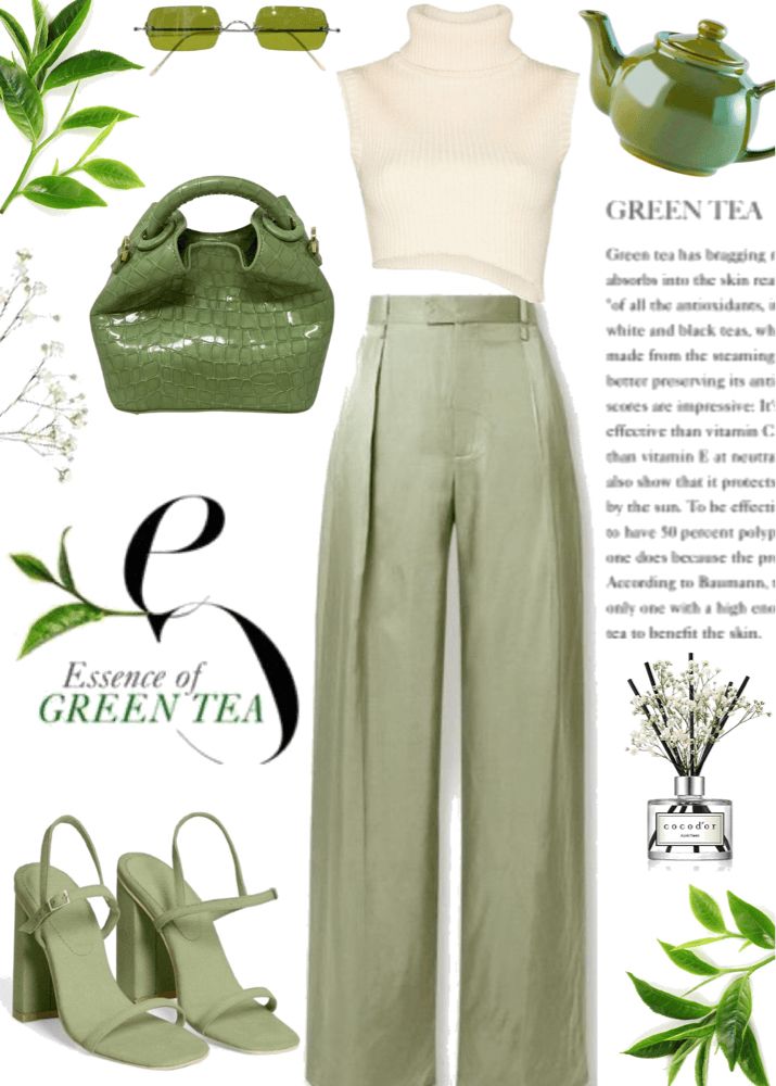 Green Tea Aesthetic Outfit, Casual High-waisted Green Pants, Green High-waisted Summer Dress Pants, Spring High-waisted Green Dress Pants, Retro High-waisted Green Pants, Tea Outfits For Women, Green Casual Outfit, High Tea Outfits, High Tea Outfits For Women