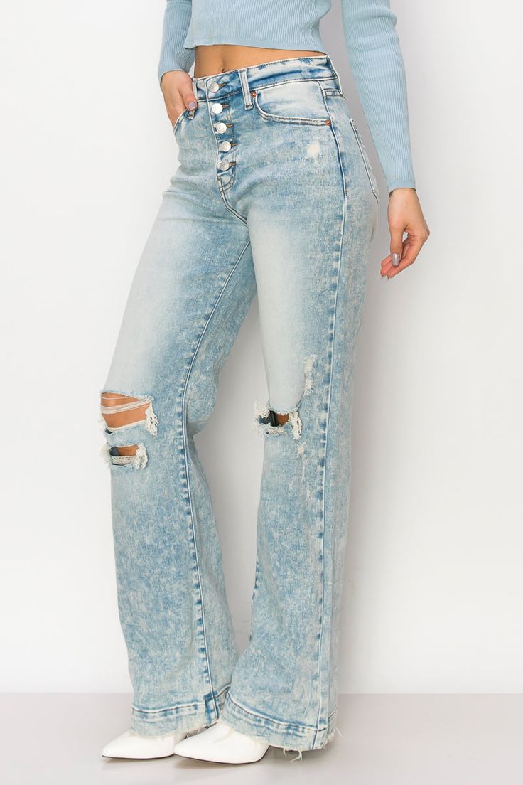 Retro Wide-Leg Pants | Vintage 90's Fashion Pants | Artemis Vintage Vintage Washed Flare Jeans For Fall, Faded Distressed Denim Flare Jeans, Vintage Distressed Flare Jeans For Fall, Trendy Button-up Denim Blue Jeans, Casual Distressed Medium Wash Flare Jeans, Trendy Medium Wash Jeans With Button Closure, Distressed Medium Wash Cotton Flare Jeans, Distressed Medium Wash Flare Jeans, Denim Blue Washed Button-up Jeans