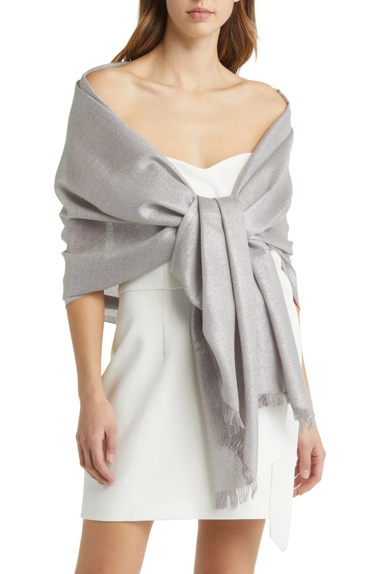 Nordstrom Metallic Lightweight Wrap | Nordstrom Shawl Over Dress, Scarf Outfit Summer, Shawl Outfit, Evening Shawls, Dress With Shawl, Scarf Outfit, Cashmere Poncho, Cashmere Yarn, Knitted Poncho