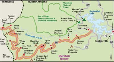 a map of the great smoky mountain range in north carolina, with major roads and towns