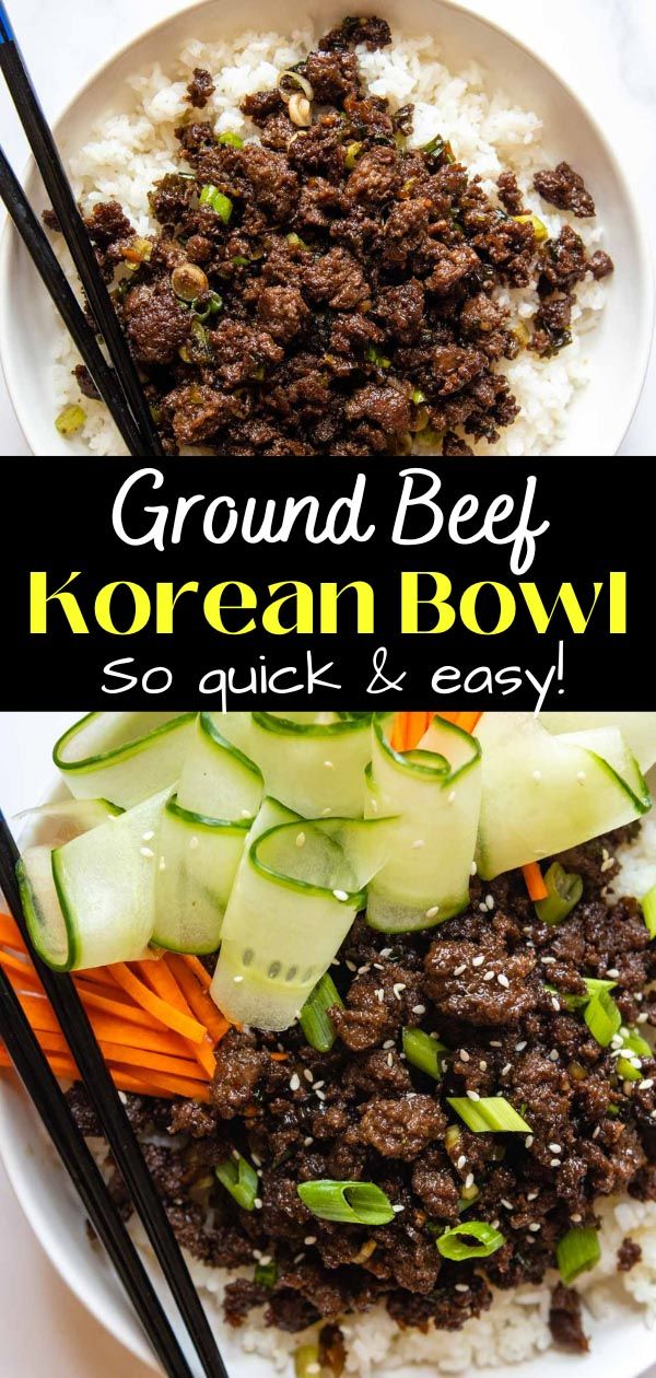 ground beef korean bowl with carrots, cucumbers and green onions on top