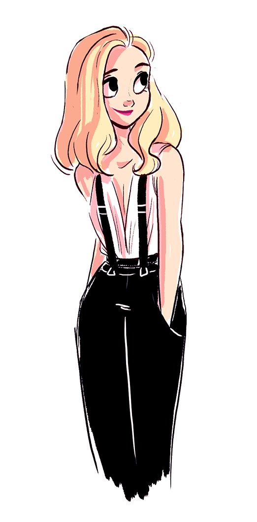 a drawing of a woman with blonde hair and black overalls standing in front of a white background