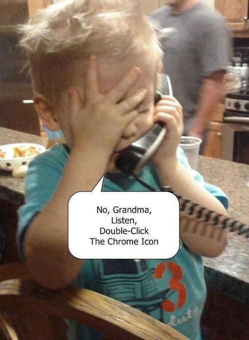 a little boy talking on the phone while holding his hands to his face with another person standing in the background