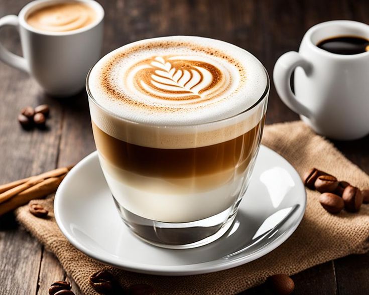 two cups of cappuccino on a saucer with cinnamon sticks next to it