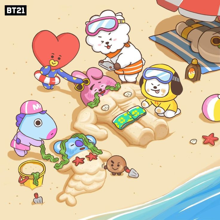 an animated beach scene with teddy bears and other items