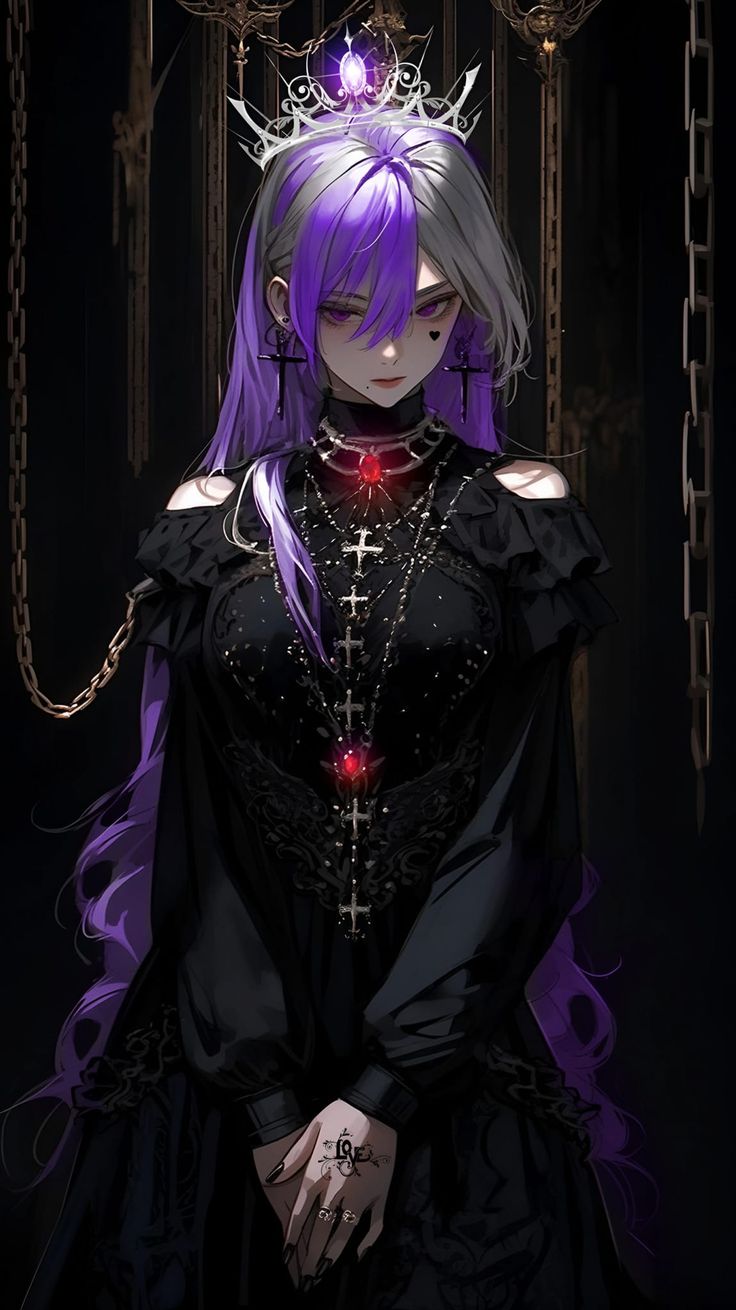 a woman with purple hair wearing a crown