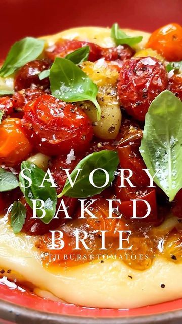 the cover of savory baked brie with tomatoes and basil