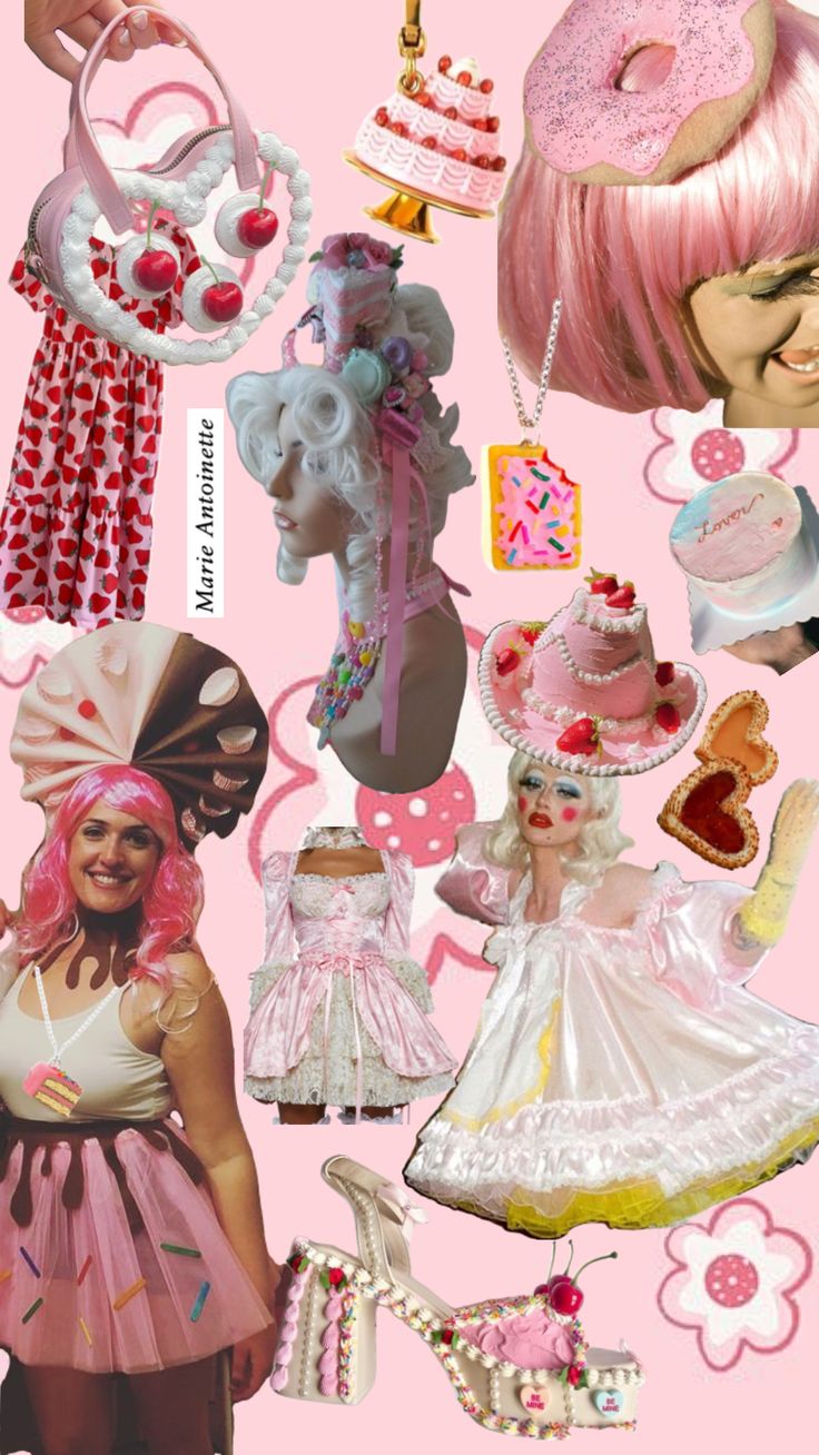 a collage of pink and white items including hats, dresses, shoes, and jewelry