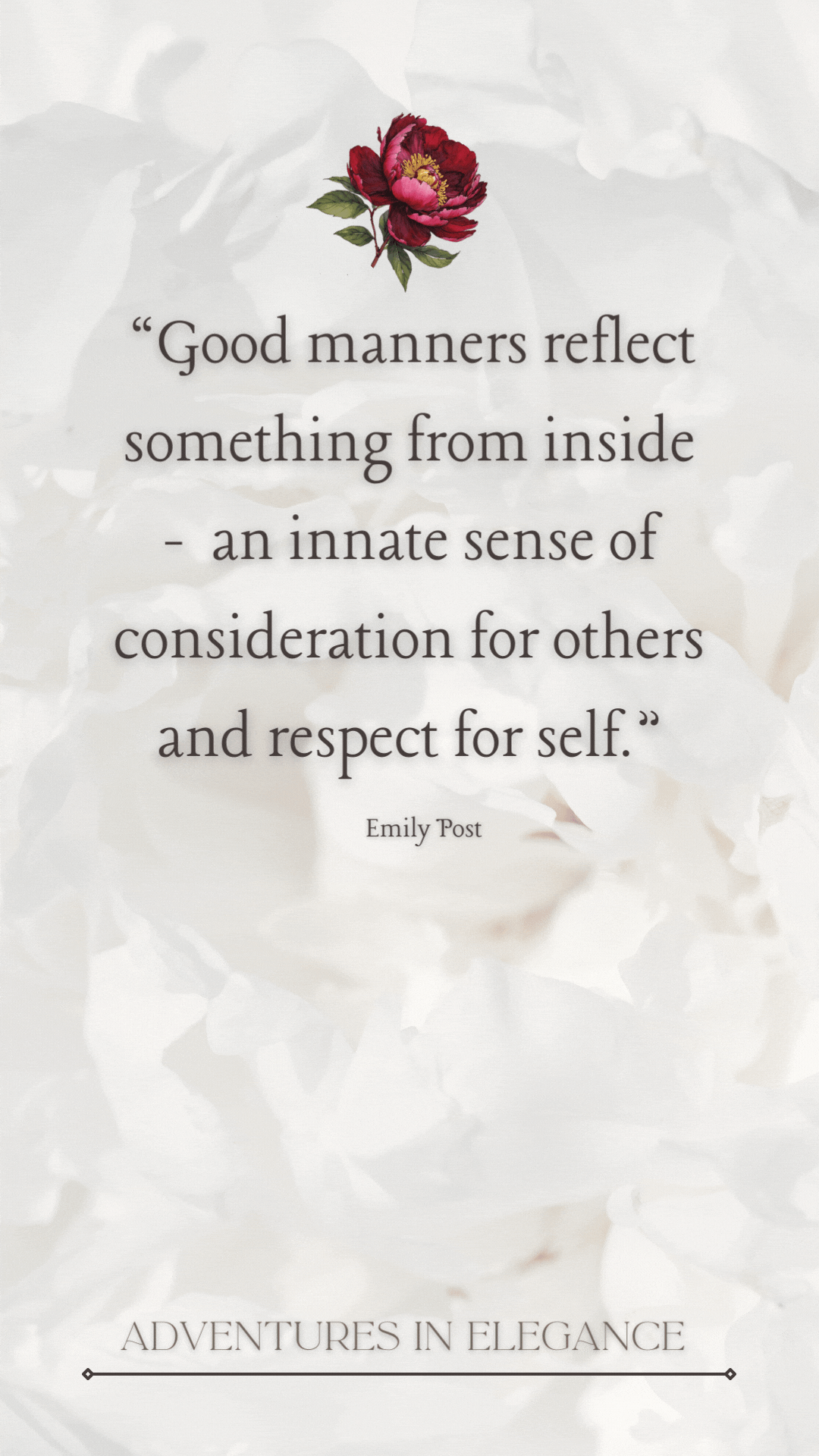 an image with the words, good manners reflect something from inside an intimate sense of considenation for others and respect for self