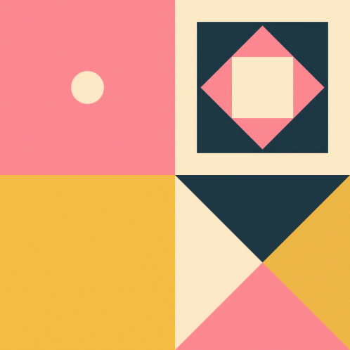 an abstract geometric design with pink, yellow and black squares in the middle is shown