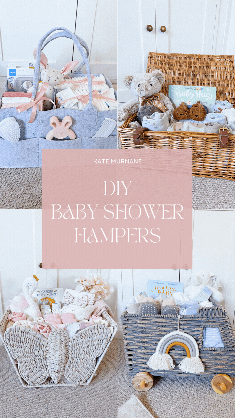 baby shower hampers and baskets with text overlay that says diy baby shower hampers