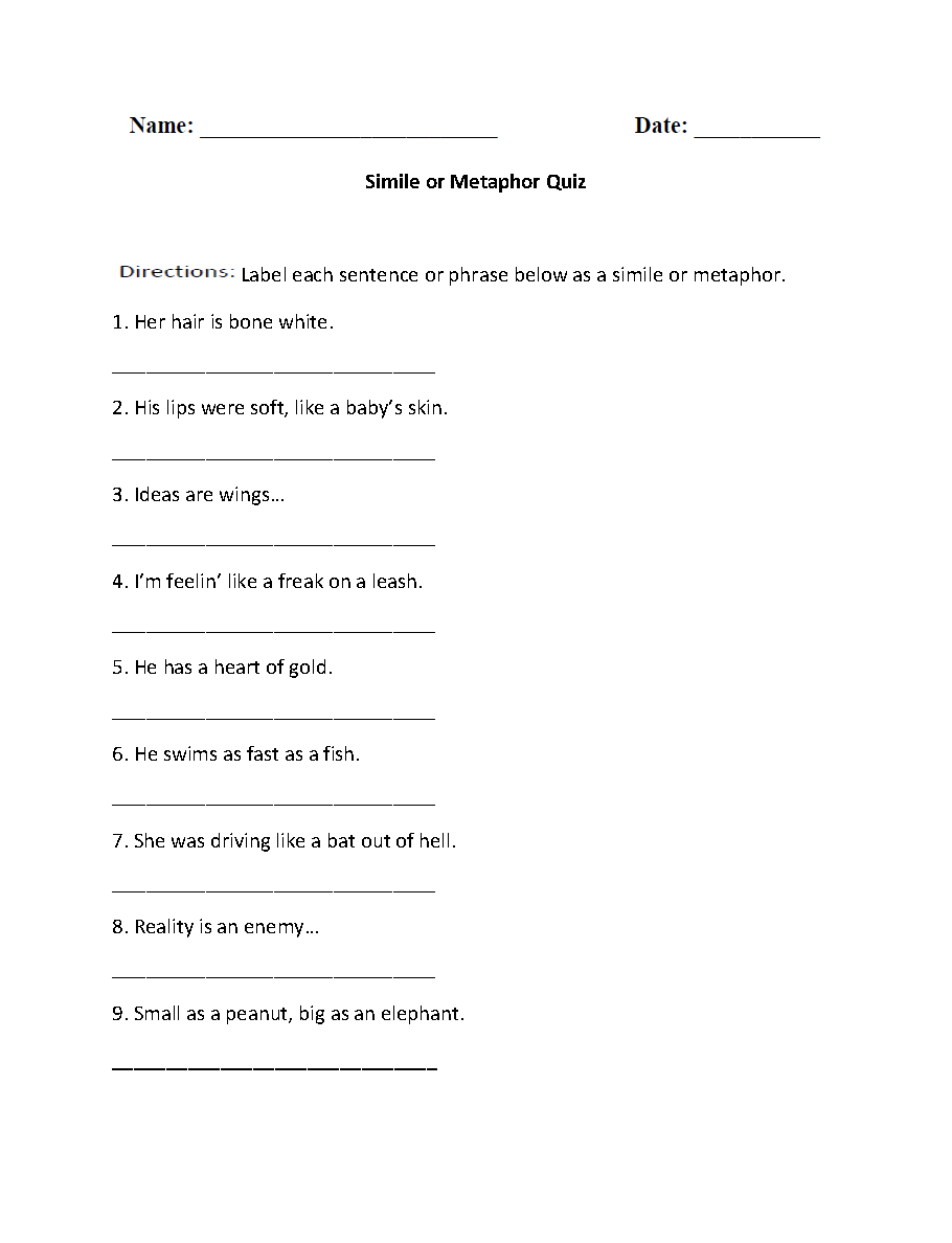 simile and metaphor worksheet