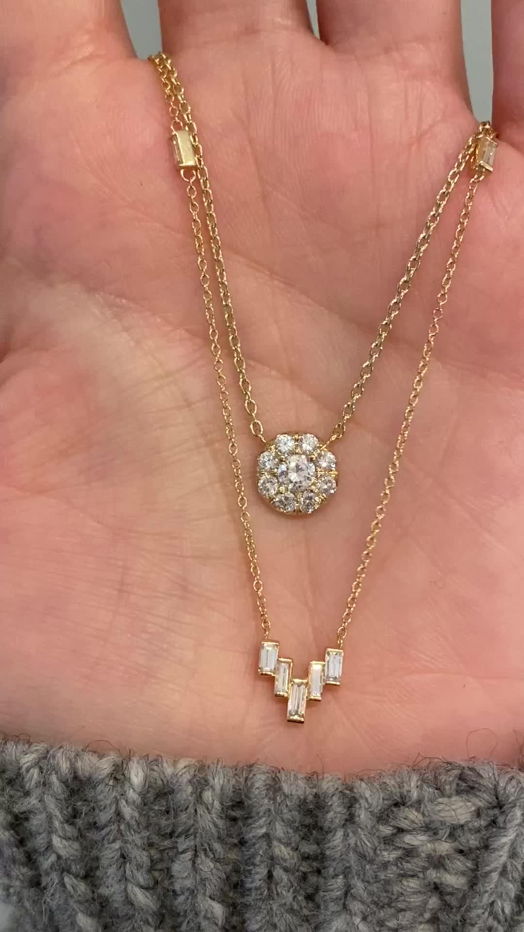 Zarya is perfect for that little twinkle on your wedding day or that extra I love you on your anniversary. She is handcrafted with a chain in gold or platinum and set with seven magnificent baguette shaped white diamonds. Hand made in NYC