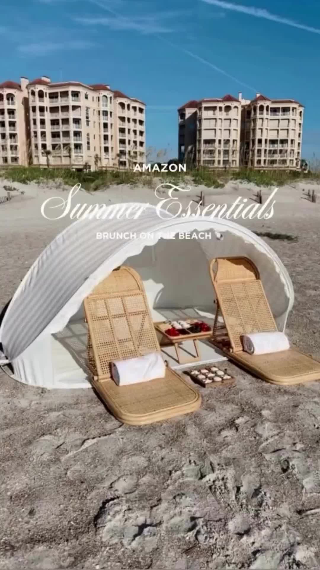 This contains: Want to try a new beach brunch set up? These summer essentials will give you a cute beach aesthetic and relaxing area to enjoy a beach picnic or beach brunch with your family or date idea. Click here to shop this beach picnic idea.