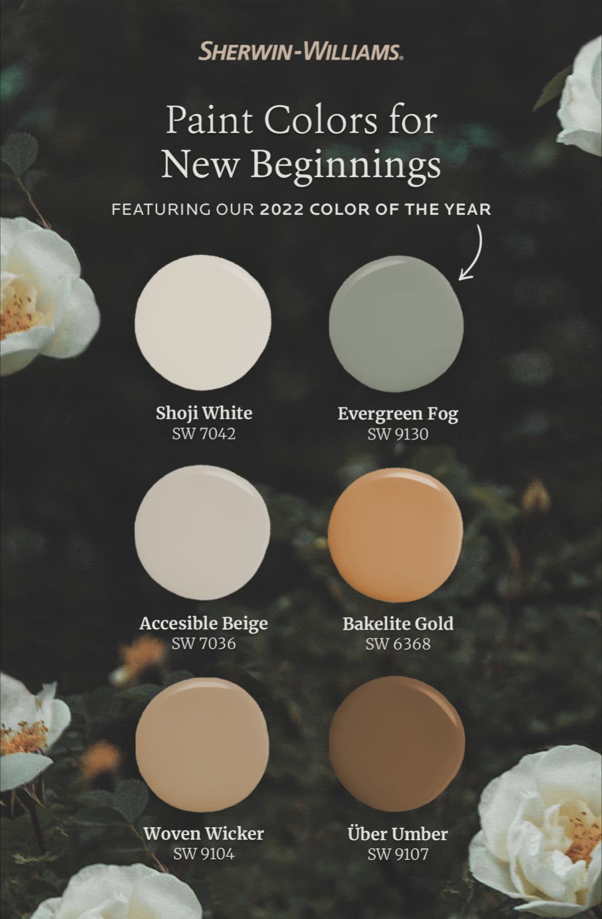 This may contain: an advertisement for sherylin williams's paint colors for new beginnings, featuring different shades