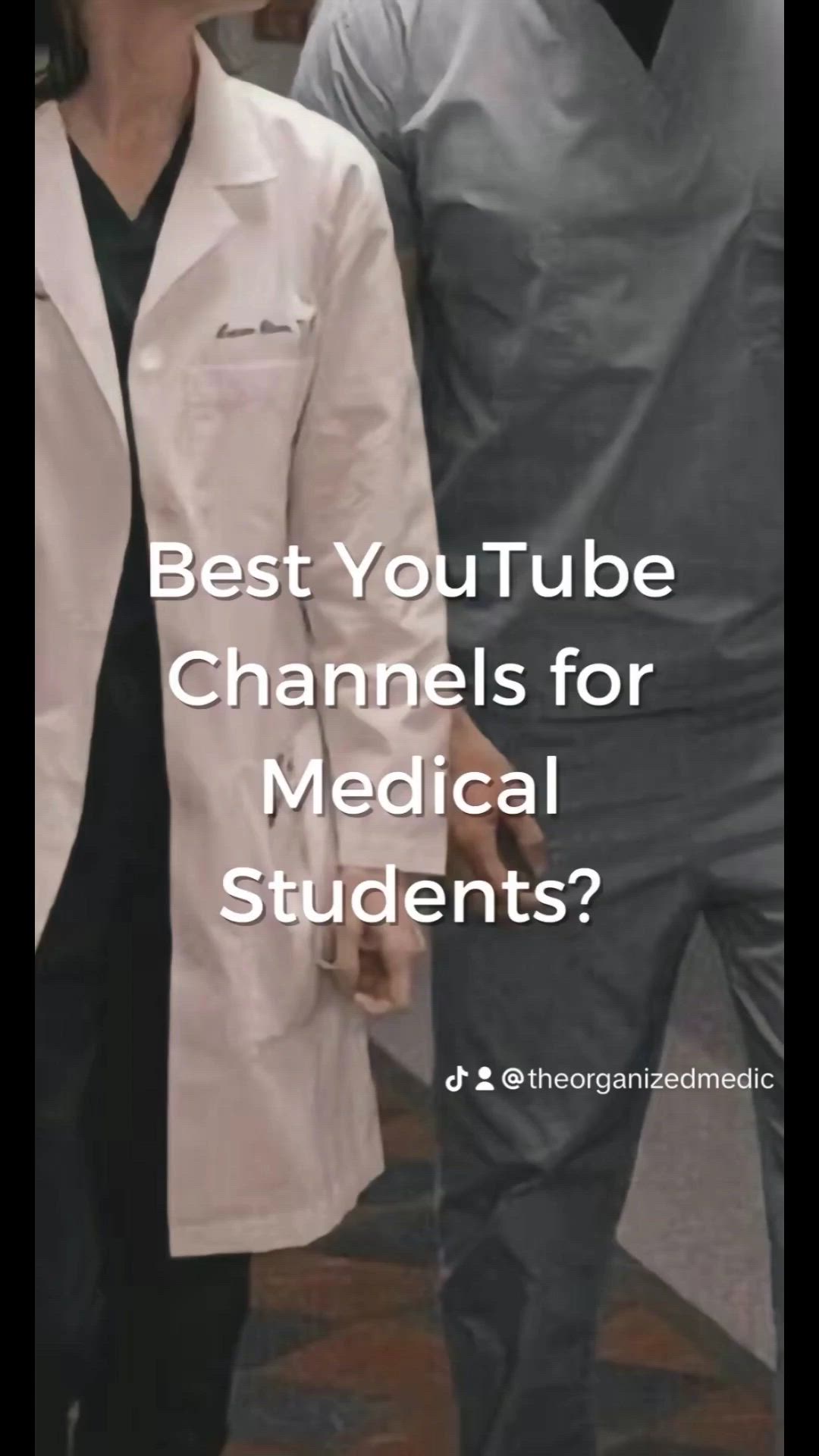 This may contain: two people in white lab coats walking together with the words best youtubetube channels for medical students?