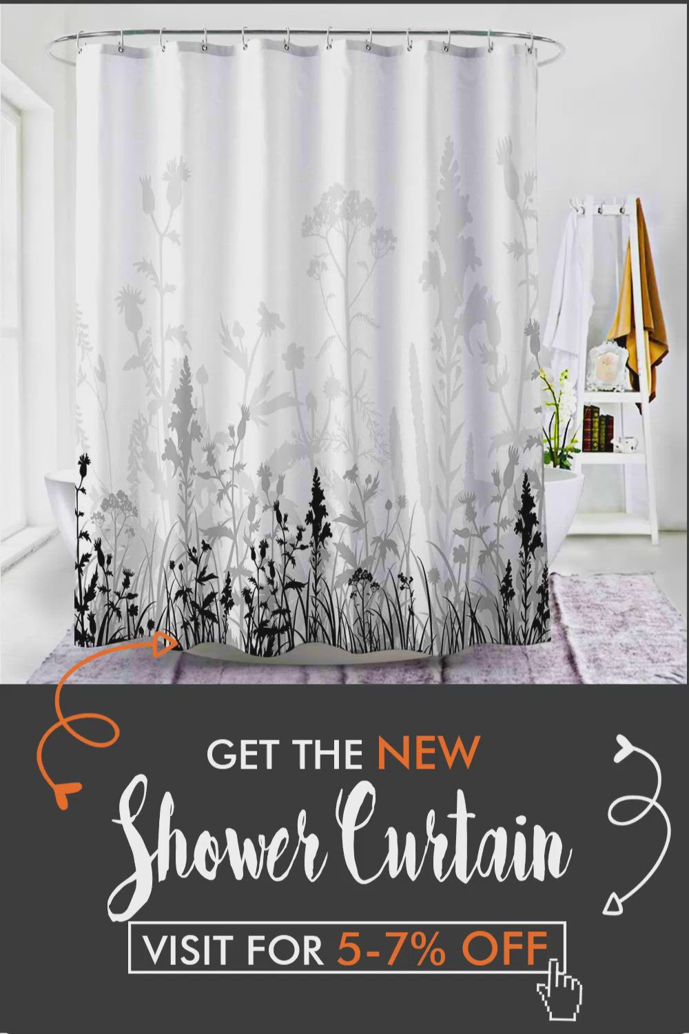 This may contain: a shower curtain with the words get the new shower curtain visit for 5 % off