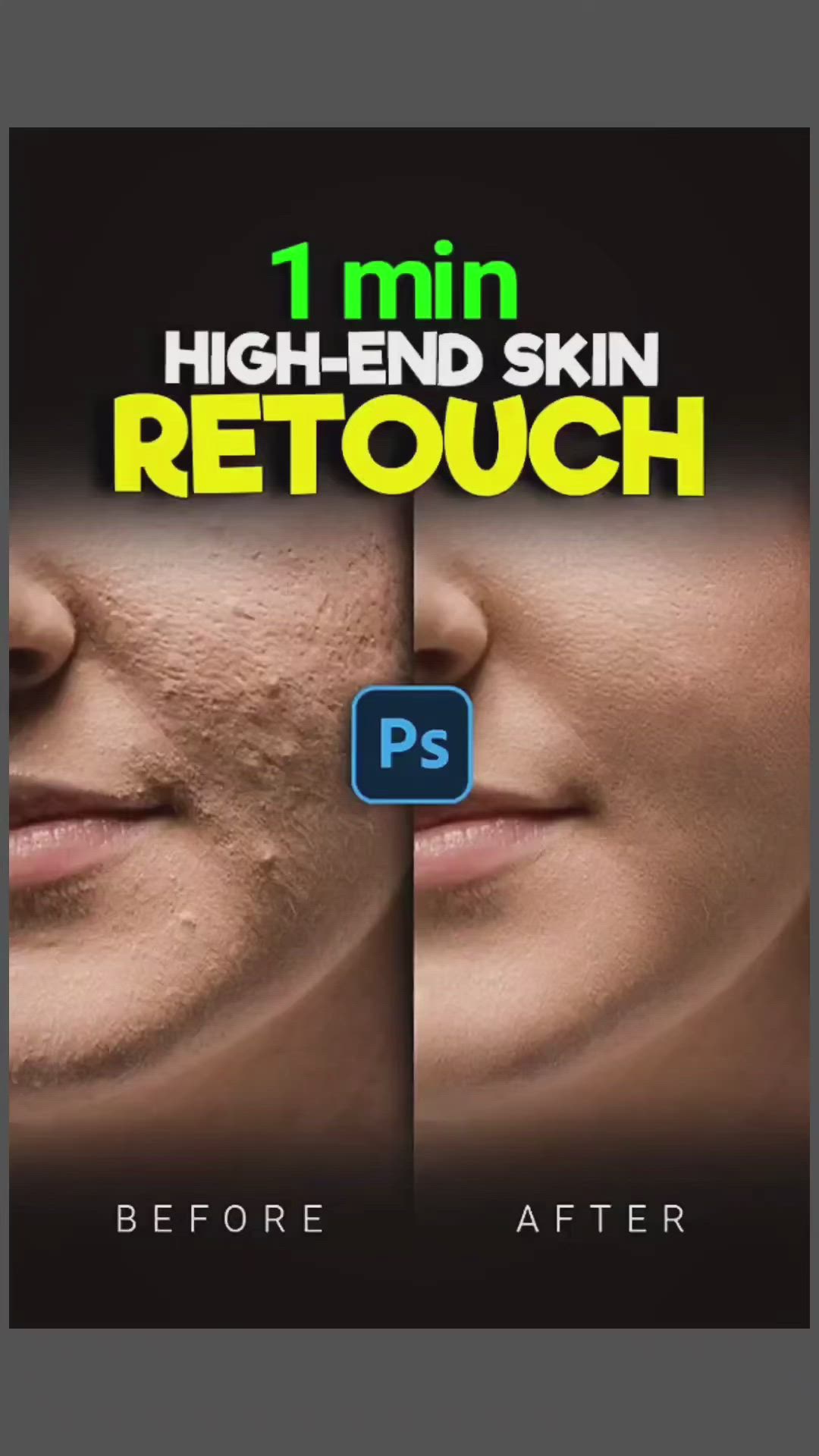 This may contain: a woman's face before and after her skin retouch, with the words 1 min high - end skin retouch