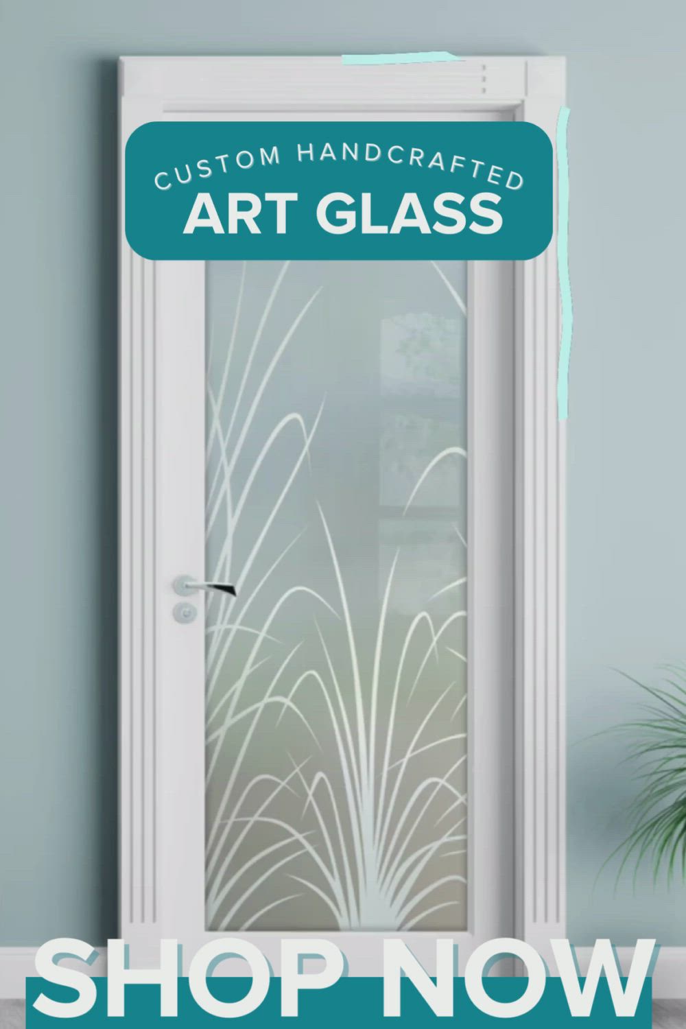 This may contain: a glass door with the words custom handcrafted art glass shop now