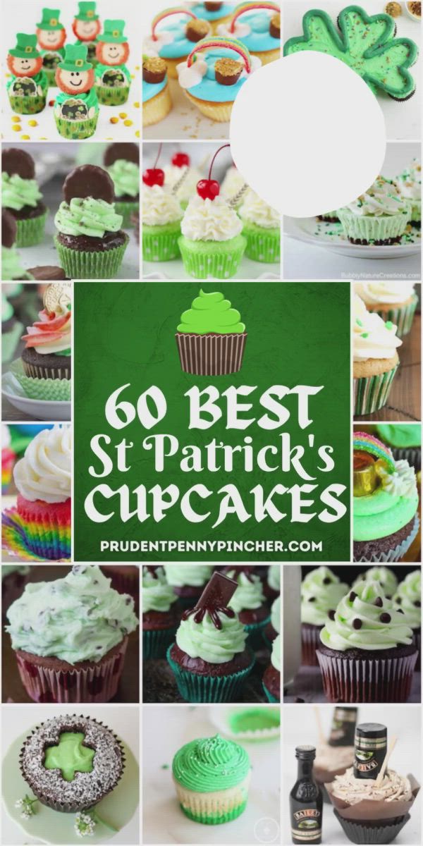 This may contain: st patrick's day cupcakes with green frosting and shamrock decorations