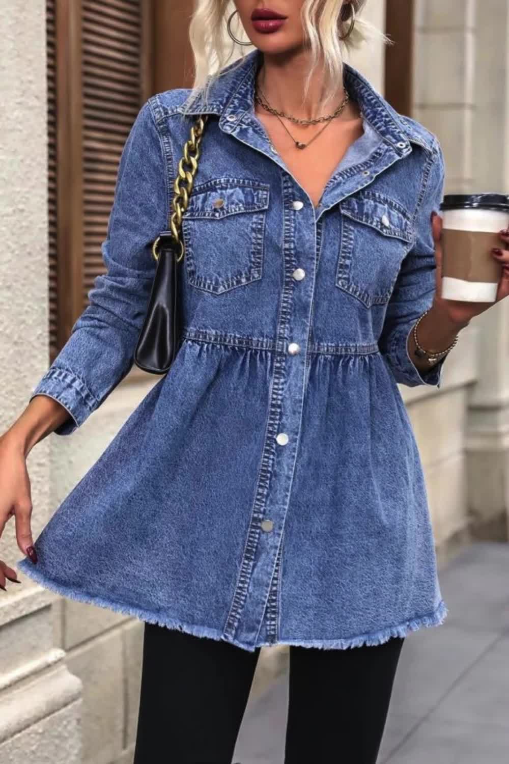 This blue denim coat features a frayed hem and flap pockets, exuding a casual yet chic vibe. With long sleeves and a ruched lapel, it adds a touch of sophistication to any outfit. Perfect for layering in transitional seasons, this denim jacket is a versatile addition to your wardrobe.