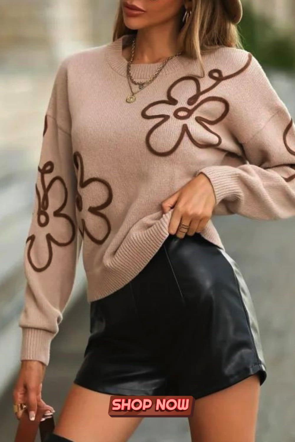 Floral Pattern Crew Neck Pullover Sweater, Casual Long Sleeve Drop Shoulder Sweater