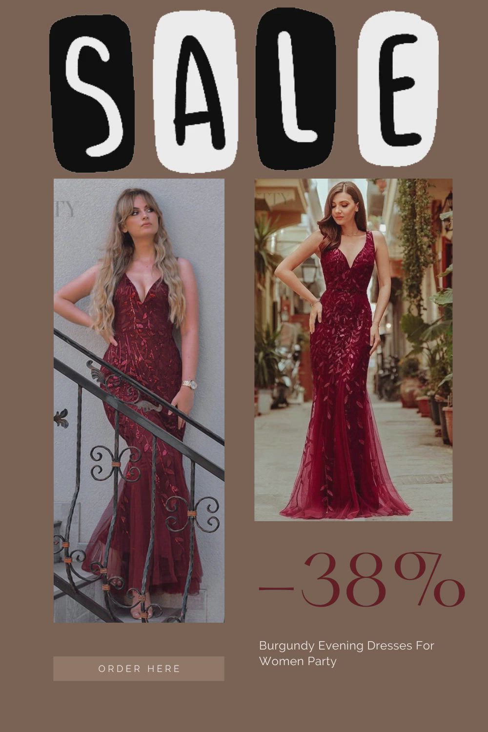 This may contain: two pictures of women in red dresses with the words sale on them and an image of one