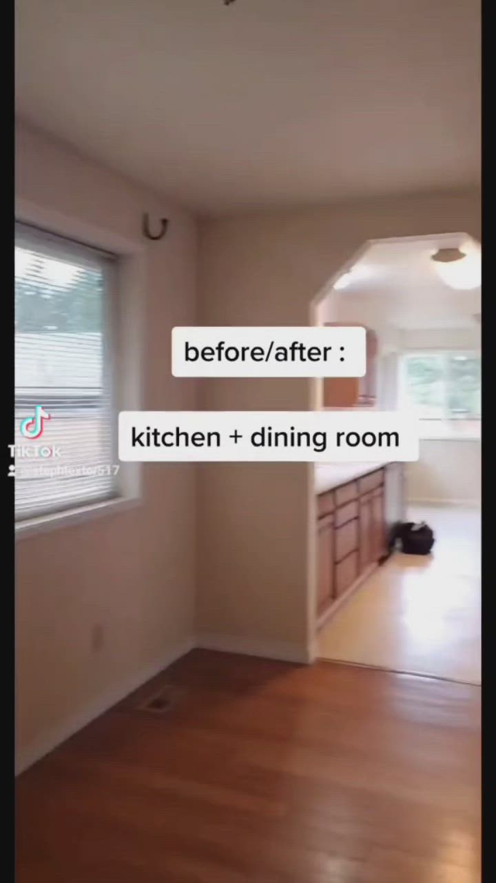 This may contain: an empty kitchen and dining room with wood floors in the foreground, before / after