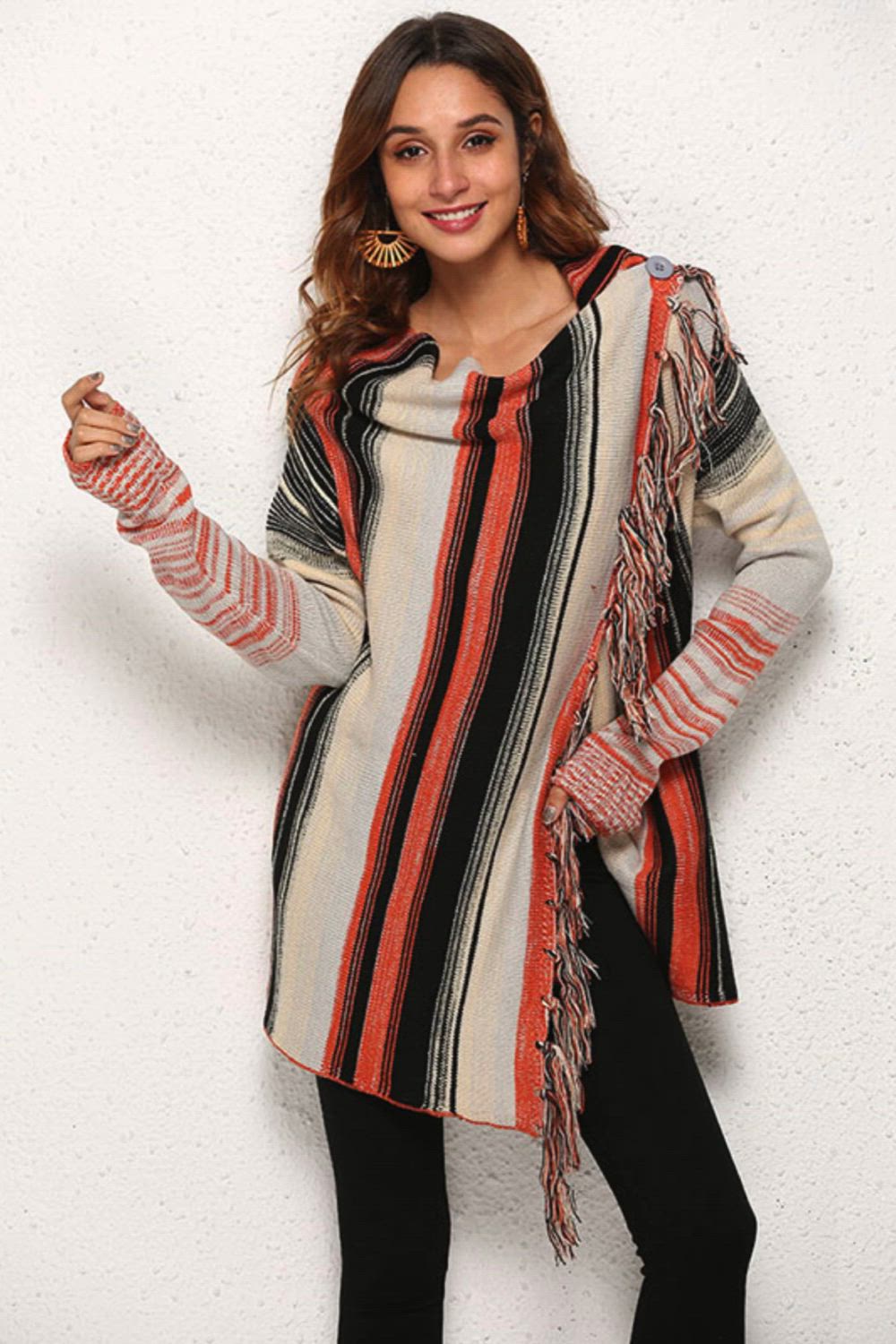 This contains: This irregular fringe vintage sweater cardigan for women is the perfect addition to your winter wardrobe. Its boho knitwear design adds a unique touch to your style, while the long length provides warmth and coverage. This fashion jacket is crafted with precision and high-quality materials for durability and comfort. Elevate your winter fashion with this stylish and versatile cardigan.