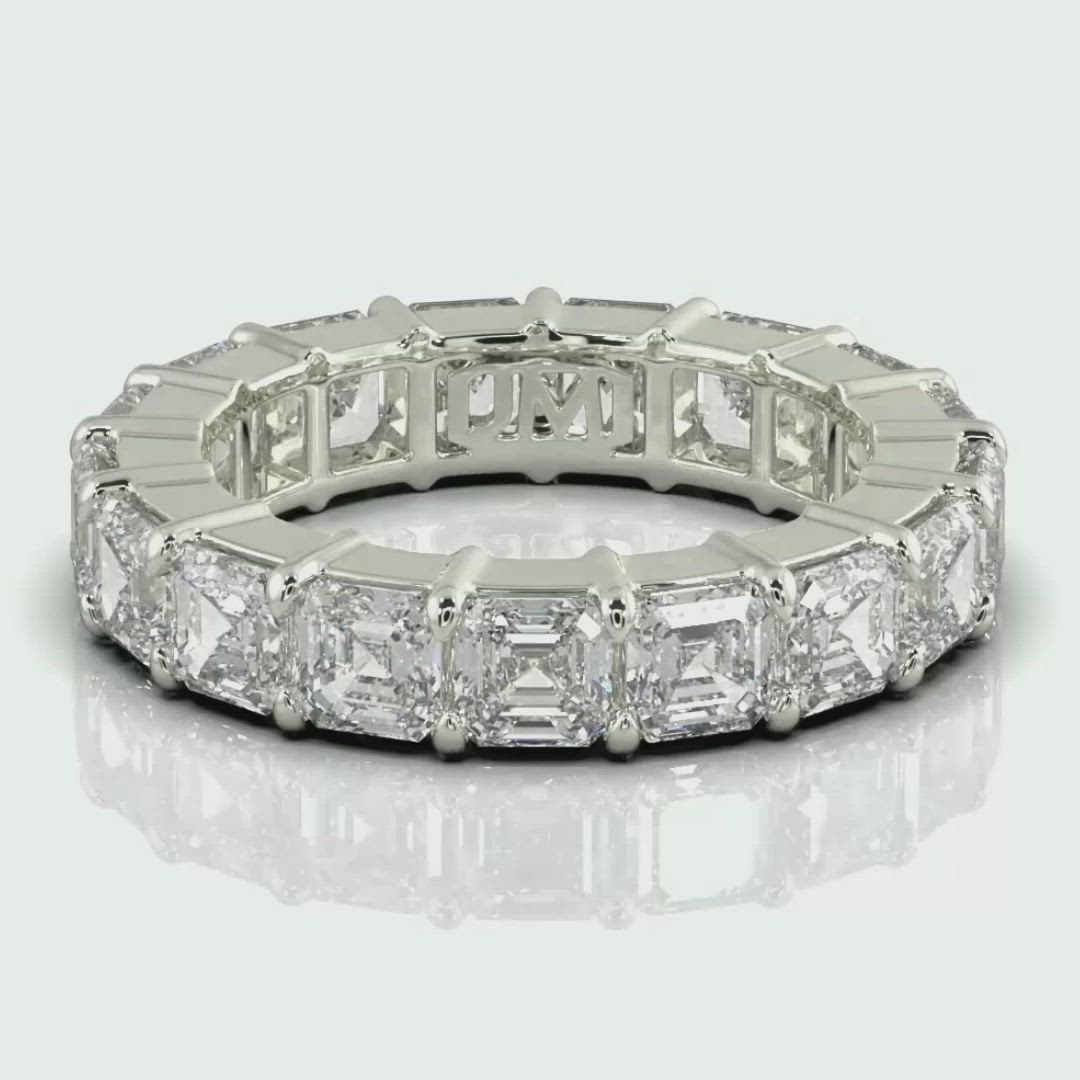 This beautiful asscher cut white diamond eternity band is part of our Asher & Emerald Collection® and is made with genuine 4 x 4 mm diamonds in G-H color and VS clarity. This ring is available in 14k white, yellow, or rose gold. Choose your preferences with the drop down options. This ring is proudly made to order in America and handcrafted to meet your specifications.