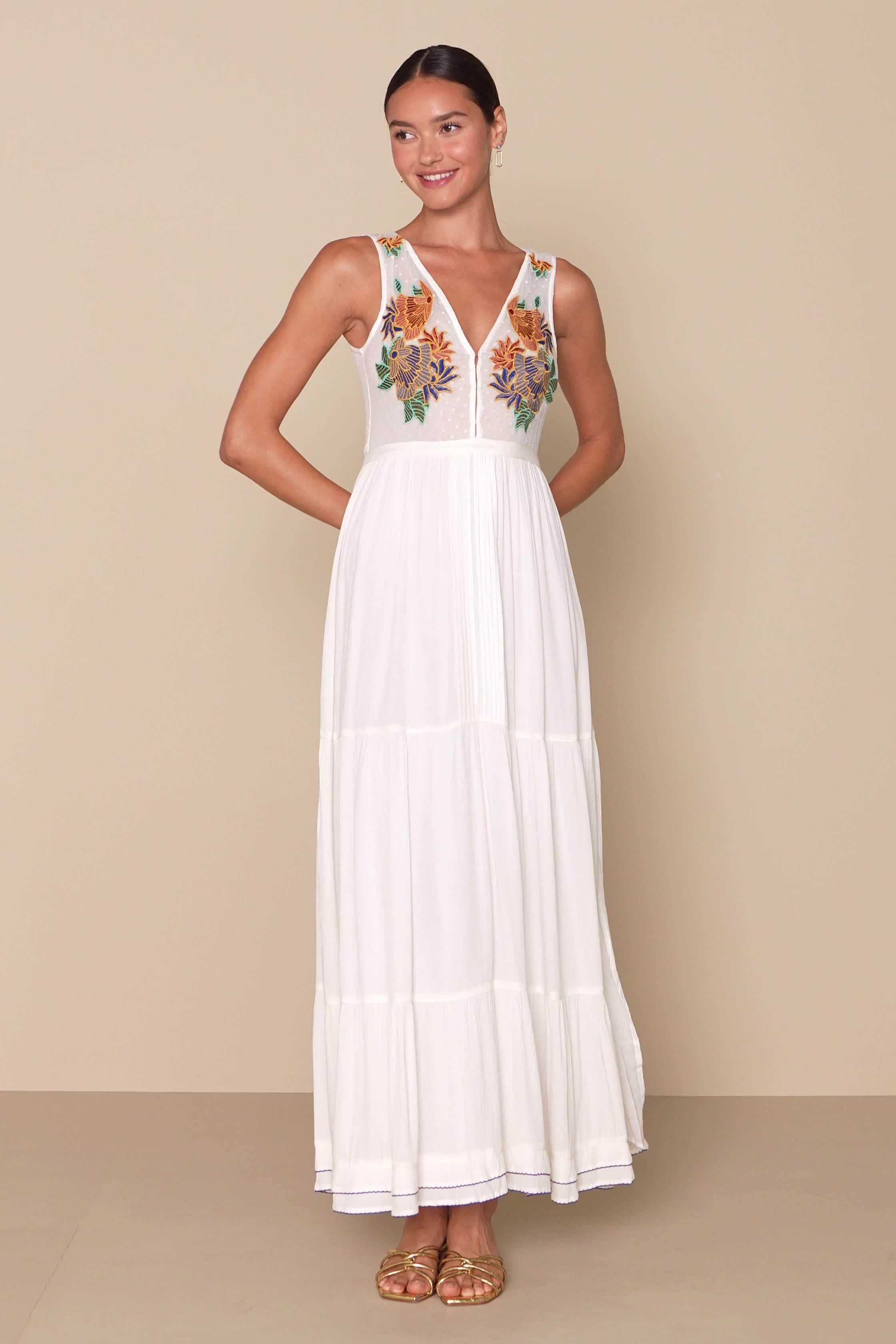 The Lulus Tickets To Paradise White Embroidered Maxi Dress will have you packing your bags and leaving to the resort! Sheer Swiss dot mesh, with an embroidered floral applique in shades of red, pink, blue and green, shapes a sleeveless bodice and plunging V-neckline with modesty clasps. Contrasting gauzy woven fabric falls from a banded waist, into a flowy tiered maxi skirt accented with pleated detail, twin side slits, and navy blue embroidery along the hem. Back keyhole with top button and hid